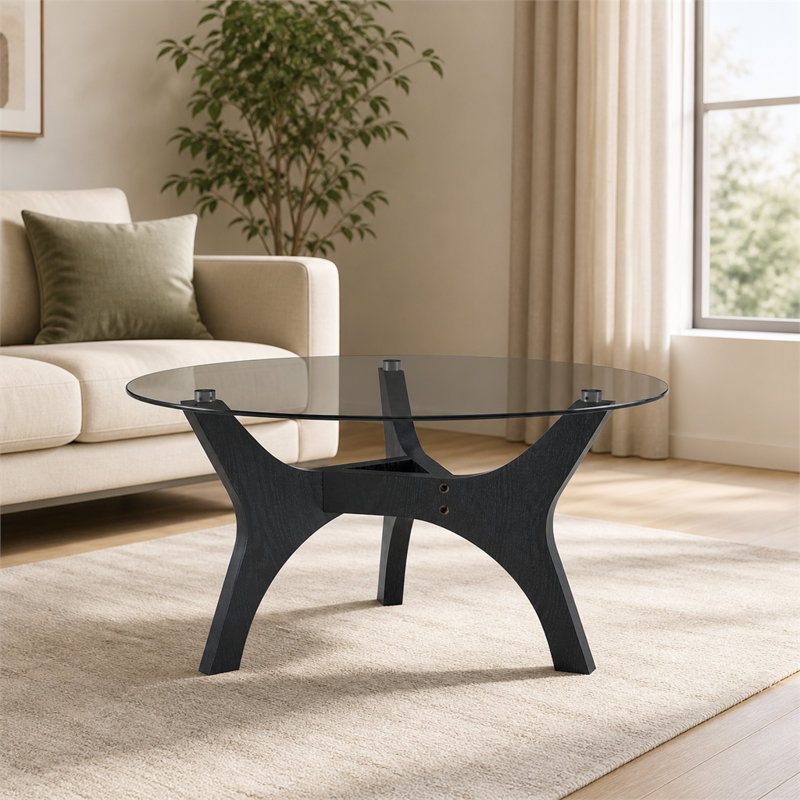 Table basse moderne en verre de style Mid-Century, centre de table 31,5 pouces avec base en grain de bois noir, table décorative pour le salon, la chambre à coucher, la réception et le bureau