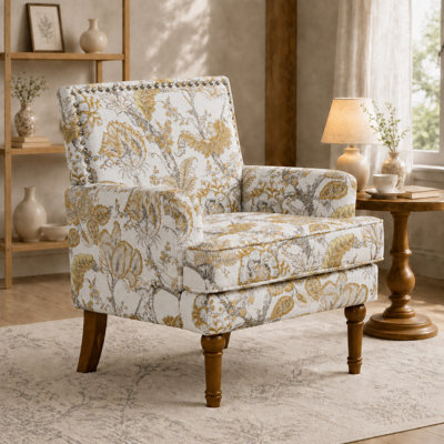  27" Mid Century Modern Floral Upholstery Accent Chair, Farmhouse Recliner Chairs with Nailhead Trim & 9" Solid Wood Leg, Comfy Reading Single Sofa Armchair for Living Room, Bedroom