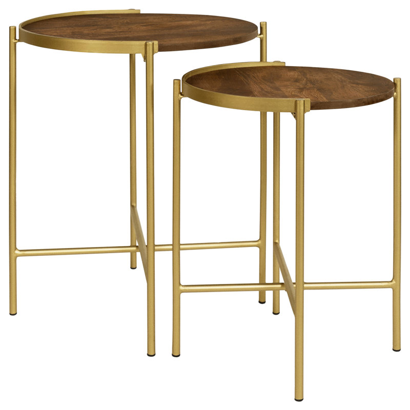 Table gigogne ronde en bois brun et doré 2 pièces Genevieve