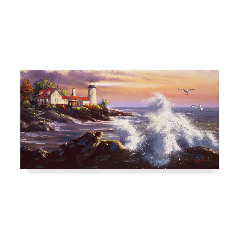 Rustic Lighthouse Waves Canvas Wall Art in Blue and White
