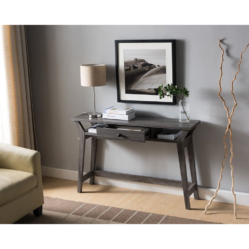 Console Table with One Drawer and Two Open Shelves, Distressed Gray