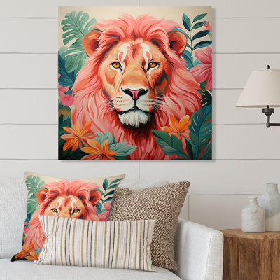 Décoration murale lion rose et vert en forêt I - Lion