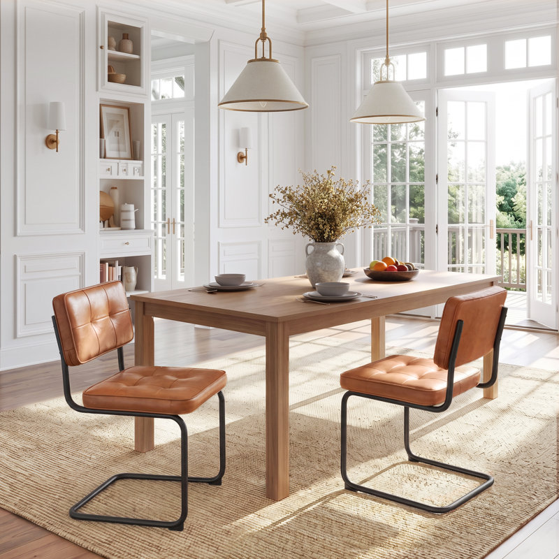 Marlow 19.3" H Mid-Century Modern Tufted Faux Leather Side Dining Chair with Steel Frame, Brown, Matte Black