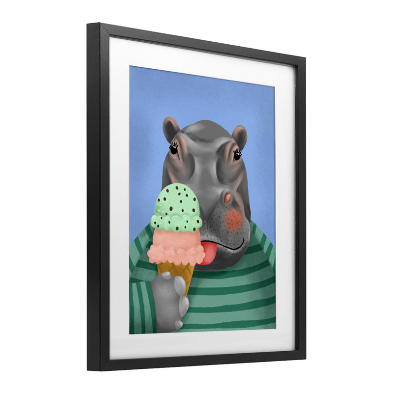 Hippo and Ice Cream Cone, reproduction encadrée sous verre, conception de Jilly Jack Designs, Cadre noir minuit