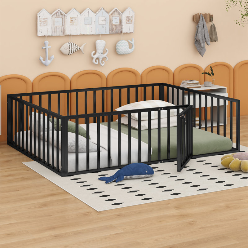 Metal Floor Bed Frame With Fence And Door, Black, Queen