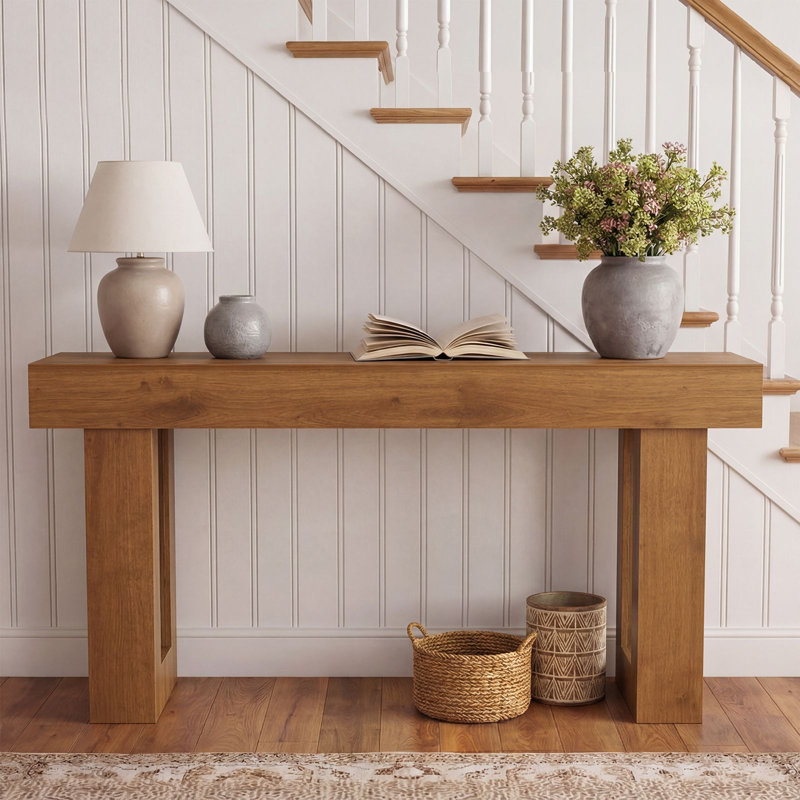 Longue console, table de canapé en bois, table d'entrée étroite, tables de canapé rectangulaires derrière le canapé pour l'entrée, couloir, salon, naturel