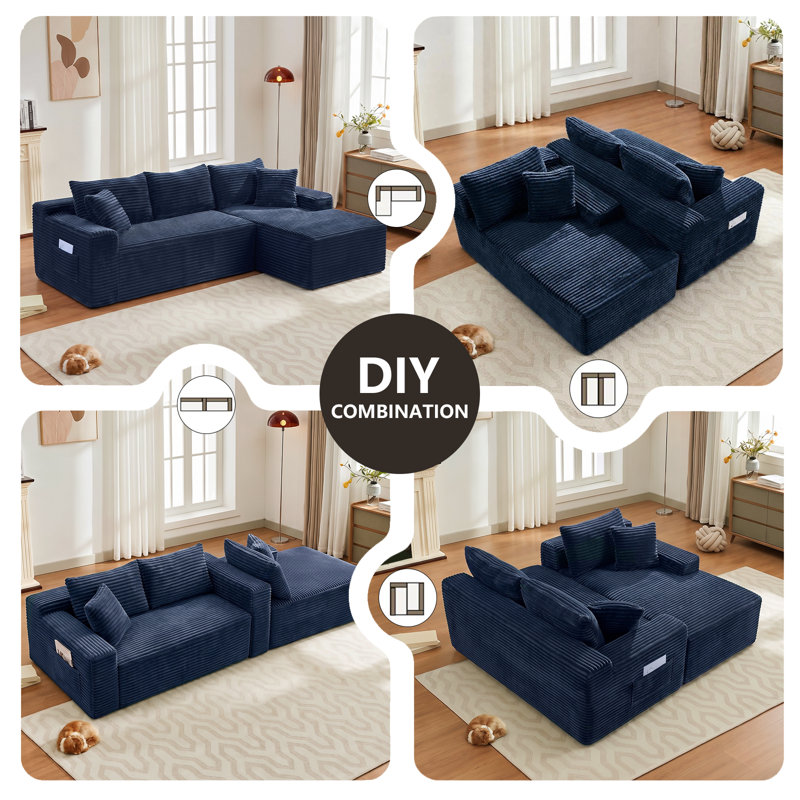 Canapé d'angle en L sans ossature et à compression de 240 cm (94,5 po), méridienne à droite, bleu