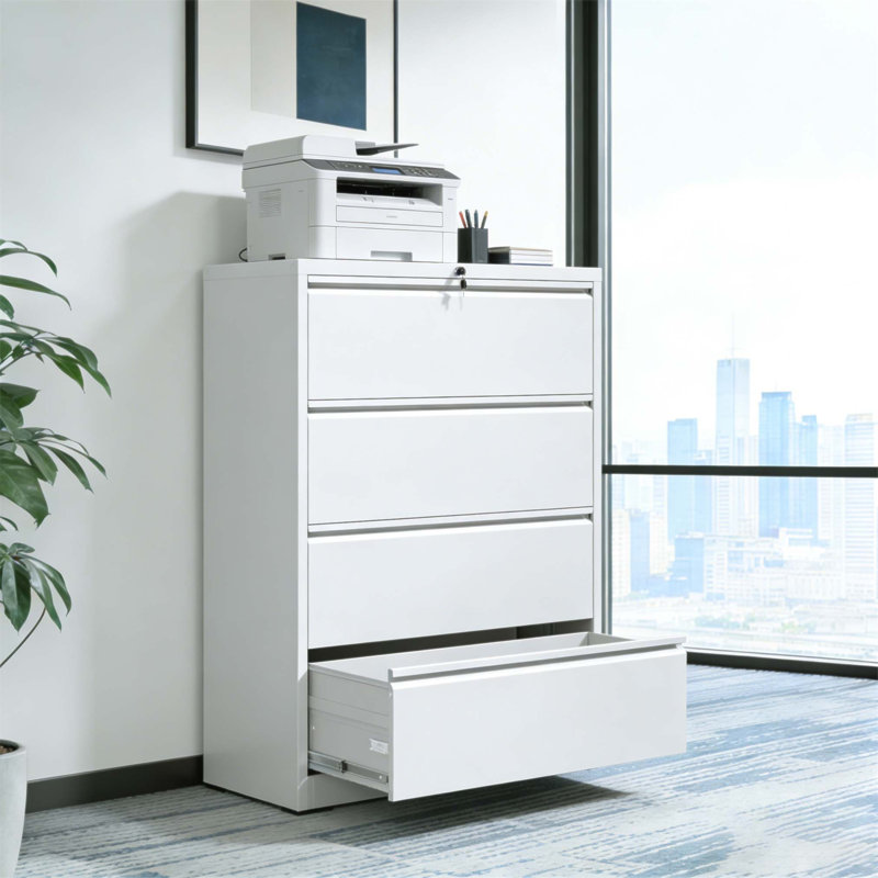 Classeur latéral à 4 tiroirs, classeur en métal robuste, rangement verrouillable de 35,4 pouces de largeur pour le bureau à domicile, organisateur vertical peu encombrant avec verrouillage anti-basculement, pour dossiers de format lettre / légal / A4
