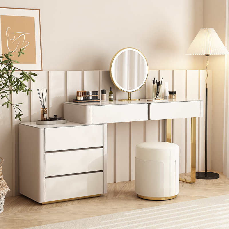 Ensemble de coiffeuse moderne avec miroir et tabouret à DEL, ensemble de bureau de maquillage en cuir de selle, acier inoxydable, panneau de roche, tiroirs de rangement pour la coiffeuse de la chambre à coucher