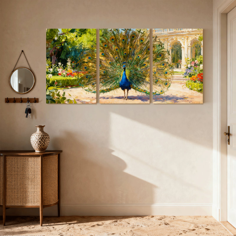Oiseaux paon dans le jardin avec couleurs vives et reflet, ensemble de 3 impressions sur toile, H 30 po x l 60 po
