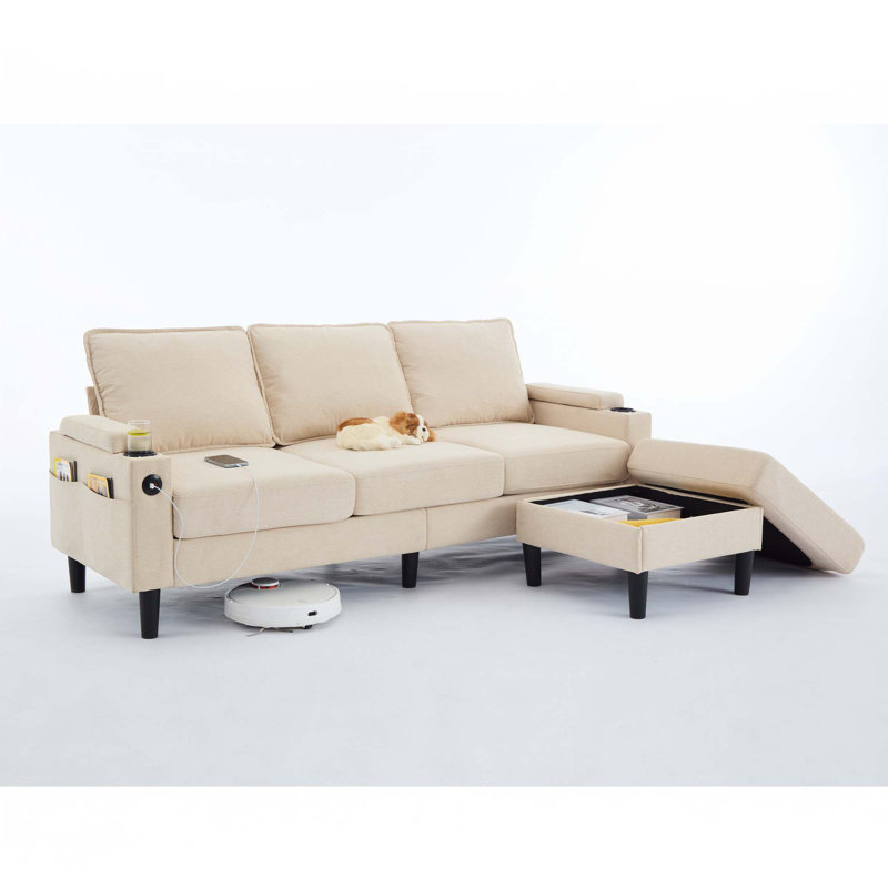 L Shaped Sectional Couch With A Footrest, Beige Fabric
