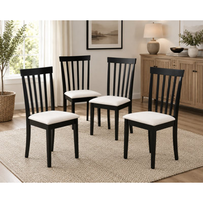 Set of 4 Armless Wood Dining Chairs with Cushioned Seats and Slatted Backs