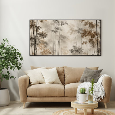 Très grand imprimé sur toile - Forêt de bambou brumeux avec un paysage de nature asiatique minimaliste dans des tons neutres pour le salon ou la chambre à coucher «Assemblage requis (cadre non fini)»