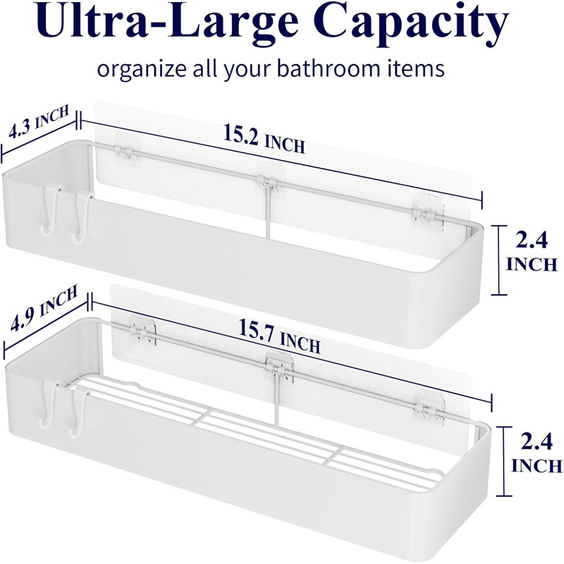 Grande boîte de rangement pour panier de douche - paquet de 2 tablettes adhésives en acier inoxydable antirouille, rangement de salle de bain sans perçage avec prise solide et drainage rapide