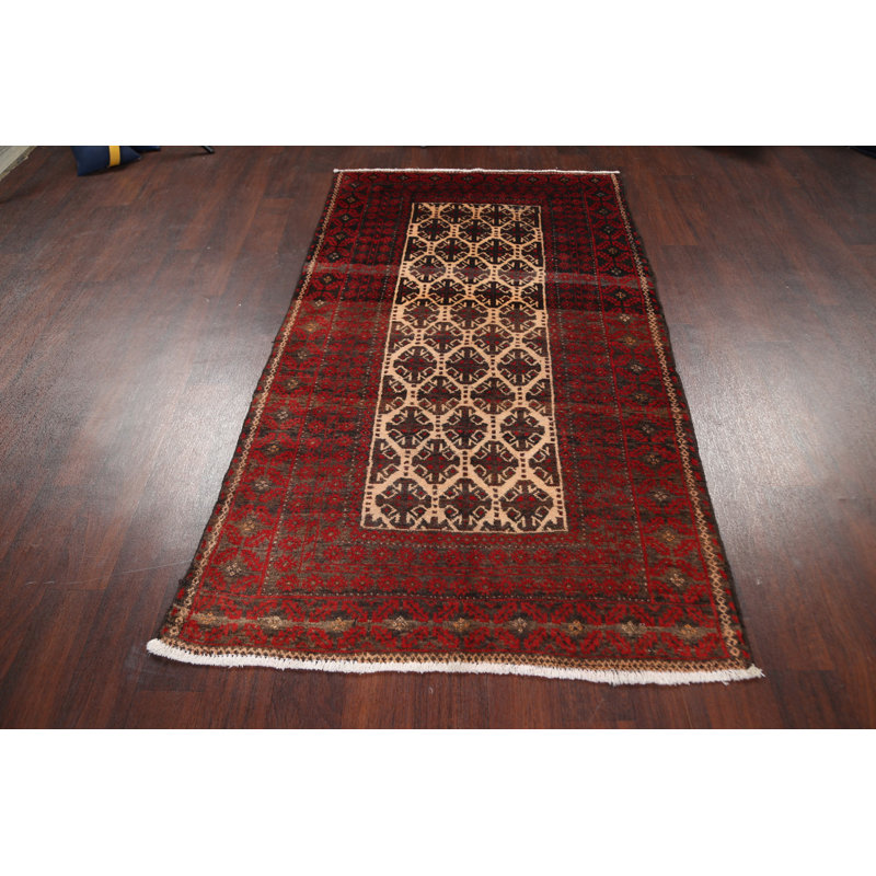 Tapis ivoire / rouge en laine noué à la main de conception unique 3 pi 7 po x 6 pi 4 po années 1990 Hawwa