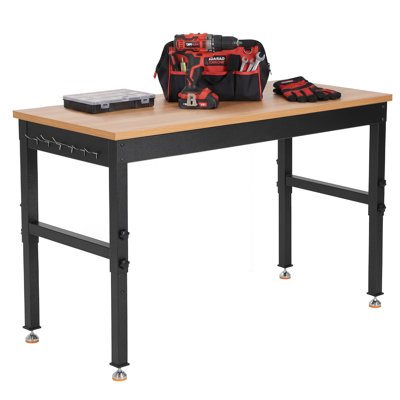 60" Workbenches for Garage, 2200 lbs Load Capacity, Solid Wood Top with Heavy-Duty Steel Frame, Adjustable Height, Built-in Power Outlets, Work Table for Workshop, Office, Home & Commercial