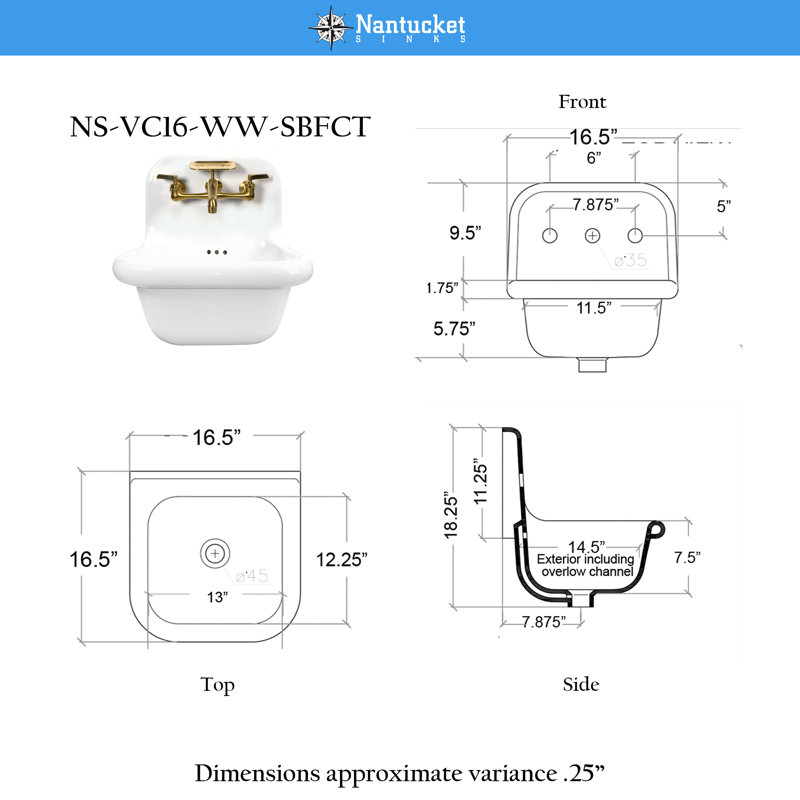 Nantucket Sinks 16.5''  Fireclay Specialty Wall Mount Bathroom Sink with Faucet and Overflow, Satin Brass, Satin Brass