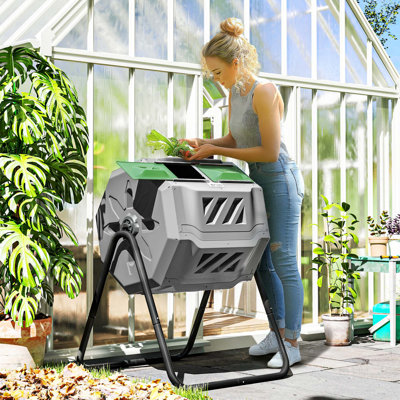 Outdoor Dual Chamber 360° Rotating Composter 43 Gallon Dark Green