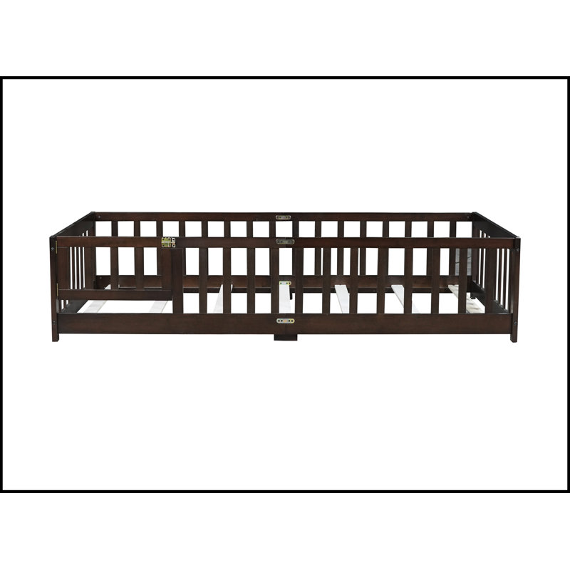 Twin Size Floor Bed With Fence And Door,Rubber Wood Floor Bed With Safety Guardrails,Espresso, Twin, Espresso