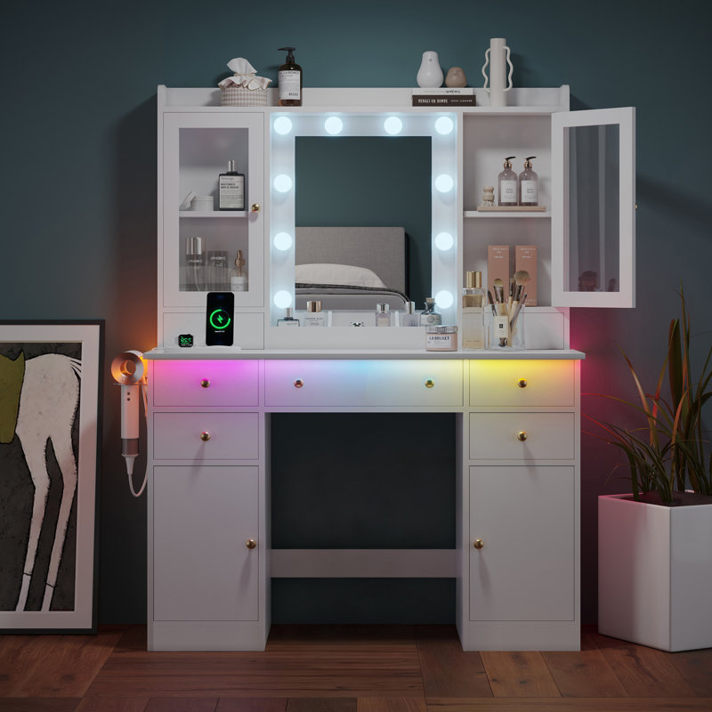 Makeup Vanity Desk with LED Lighted Mirror & Power Outlet & 5 Drawers Dressing Table, White
