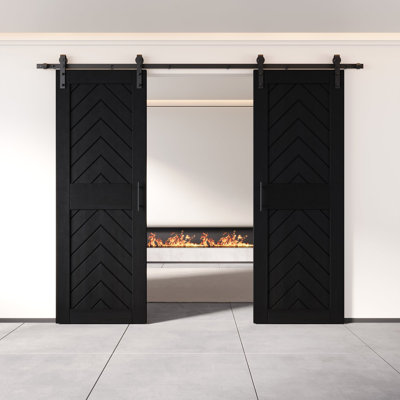Homacer Black 26 in. x 84 in. Finished & Unassembled 4-IN-1 Fishbone Design Two Barn Door with Non-Bypass Installation Hardware Kit, 9ft track, interior use only