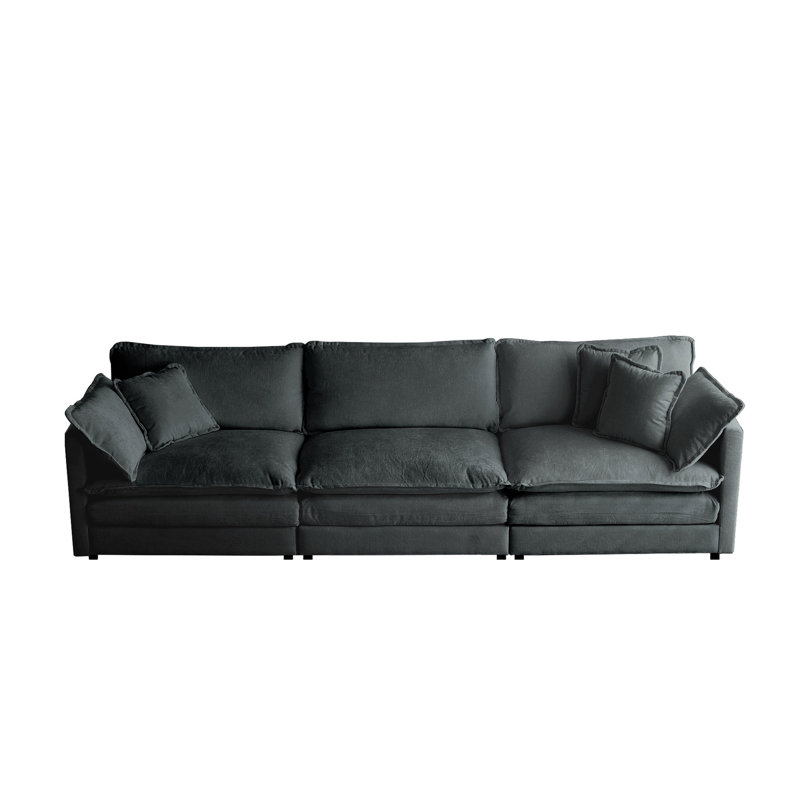 3 en style Mid-Century moderne, chenille grise, structure en bois massif, rembourrage en éponge, confort pour le salon, coussins d'accoudoirs, supérieur