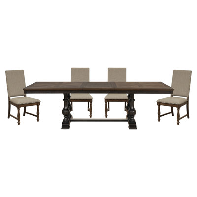 Traditional 5Pc Dining Set Table With Extension Leaf And 4 Side Chairs Beige Fabric Upholstered Nailhead Trim Brown Classic Dining Room Furniture -  Canora Grey, 1B935A2351C145D09A74A675C1B68882