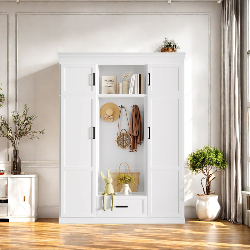 Hall Tree With Bench And 3 Hooks, Modern Entryway Storage Organizer Cabinet With 4 Doors, 1 Drawer And Adjustable Shelves For Hallway, Entryway, Living Room