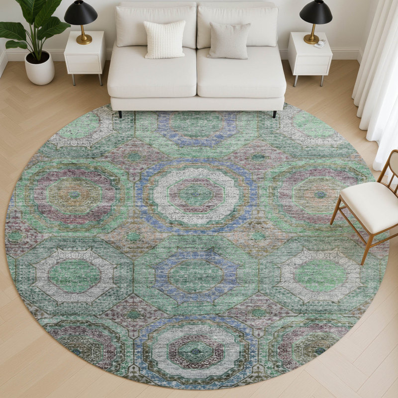Premium Machine Washable Mayfield AMF2049 Panel Rug, Green, 8' Round