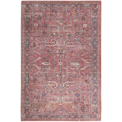 9' X 12' Red Floral Power Loom Distressed Area Rug