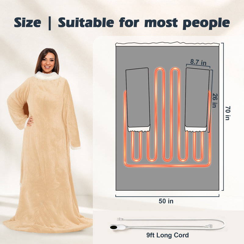 Wearable Heated Blanket with Sleeves and Foot Pocket, 10 Heat Settings & Auto Shut-Off, 50" x 70"+18", Beige