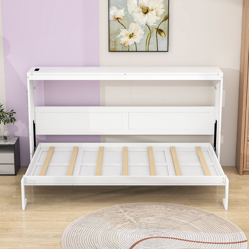 Lit escamotable en bois avec lumières DEL et station de charge, Lit simple, Blanc