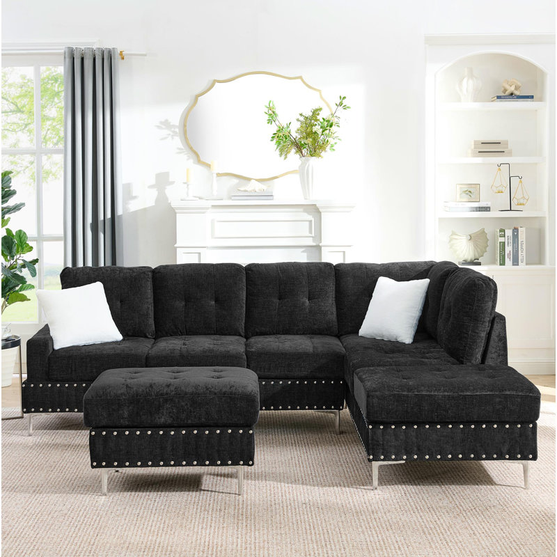 Canapé modulaire 3 places avec méridienne réversible, repose-pieds avec rangement, pieds en métal et clous en cuivre, deux coussins blancs, noir (102 po x 76 po x 35 po)