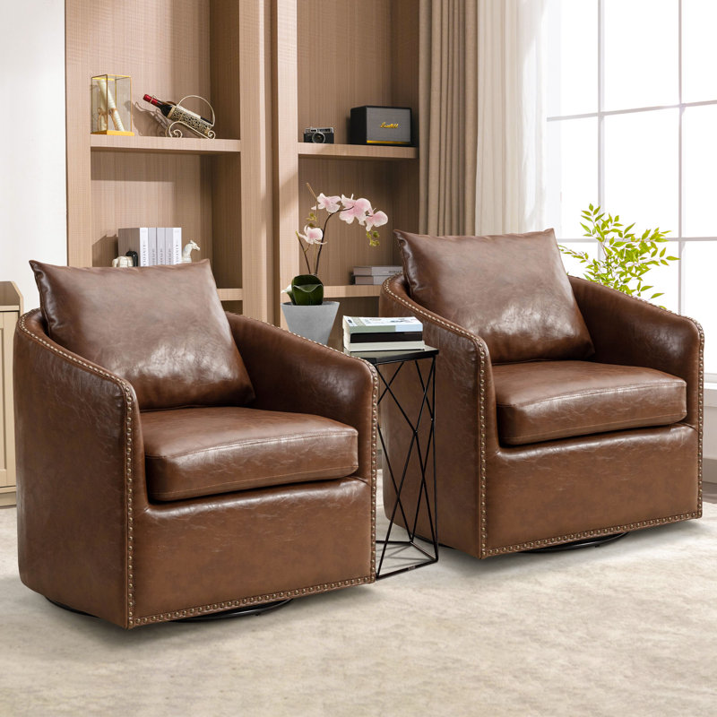 Gotzon 27.6'' Wide Luxe Soft Swivel Arm Barrel Chair with Nailhead Trim and Removable Cushion (Set of 2), Dark Brown