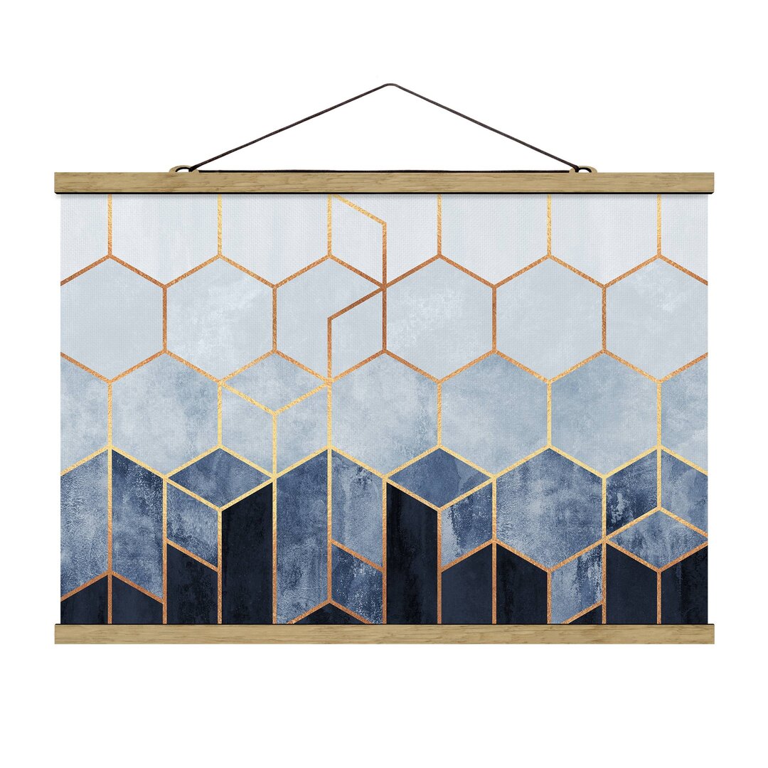 Grafikdruck Golden Hexagons Blue White von Elisabeth Fredriksson