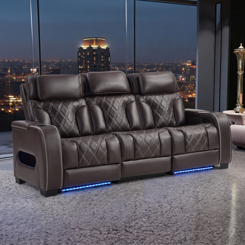 84" Wide Top Leather Power Reclining Sofa With Adjustable Headrest, And Ambient Arm Lighting, Brown