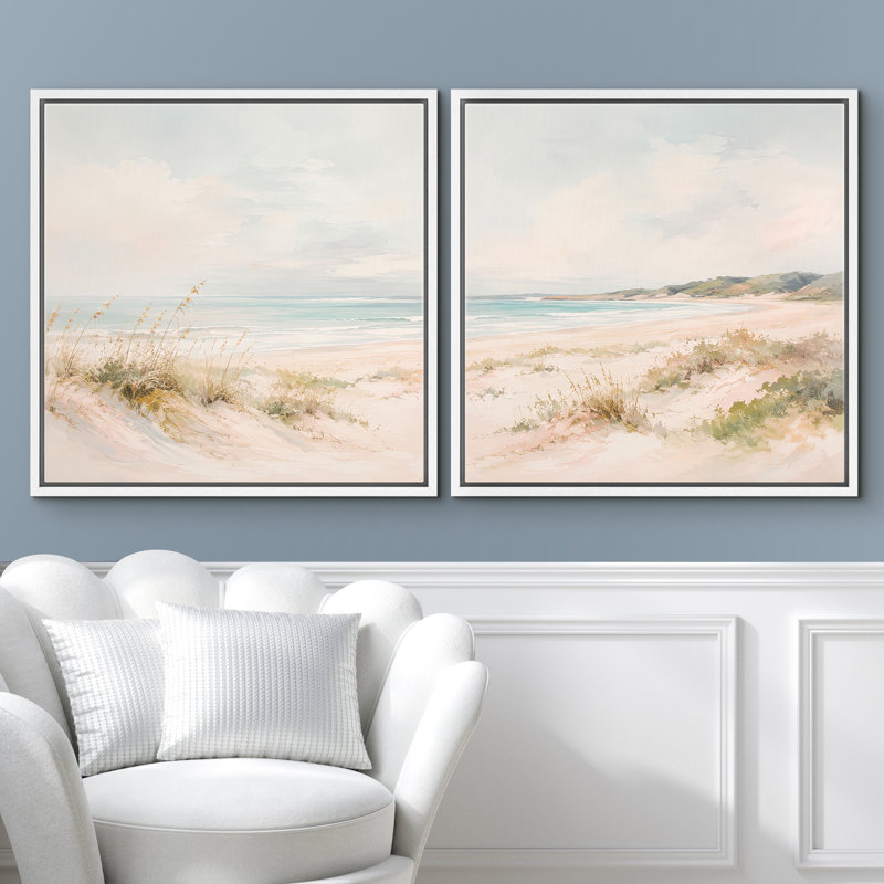 Doux paysage de plage avec vagues océaniques et humeur côtière aérée, ensemble de 2 reproductions d'art sur toile encadrées