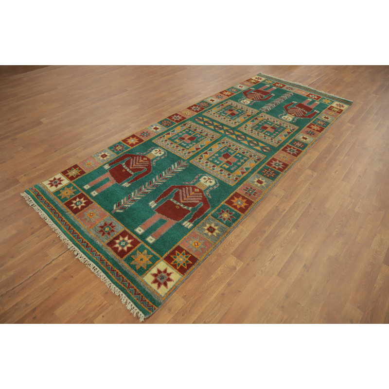 Tapis de couloir indien en laine vert style Kazak 4 x 10