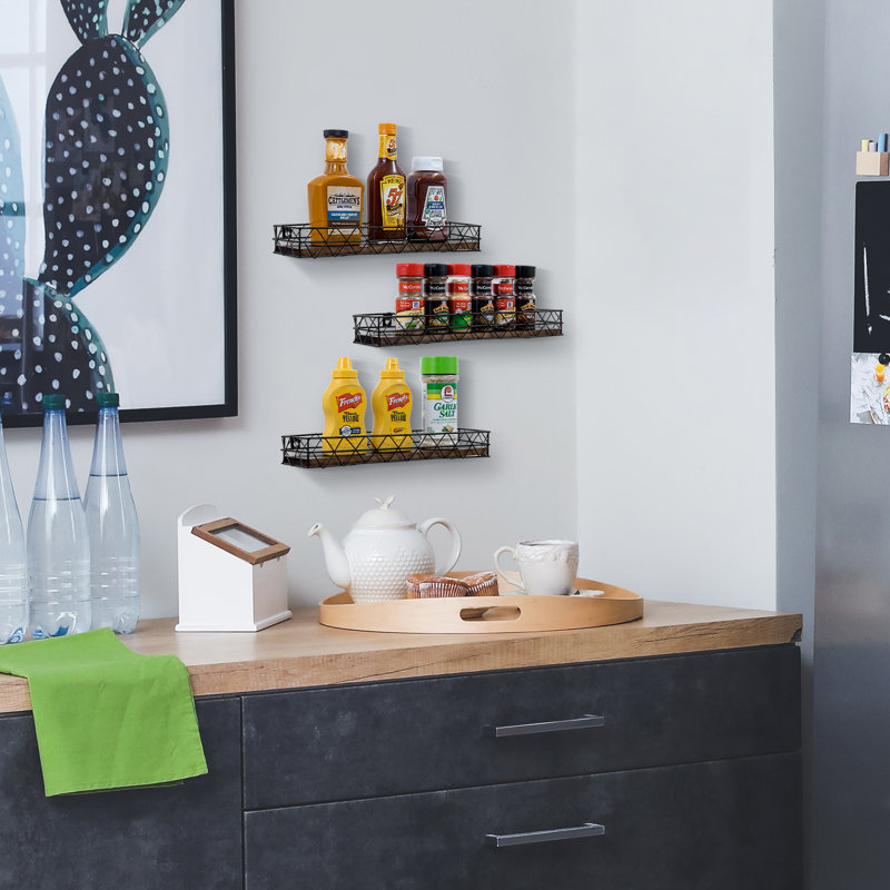 3-Piece Rustic Wall Mounted Spice Rack, Burnt Wood and Black Metal Kitchen Storage Shelves Organizer