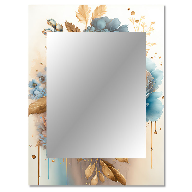 Mélange de fleurs bleues et dorées II - miroir unique de style bouquet, miroir mural traditionnel grand format, 40 po x 30 po