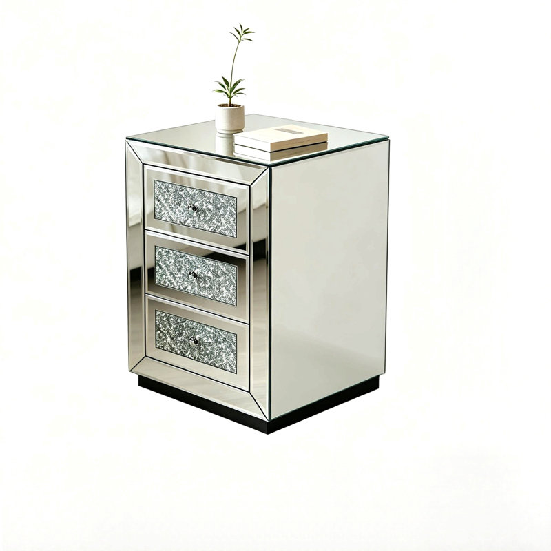 3-Drawer Mirrored Nightstand Bedside Table Glass Accent End Table, Silver