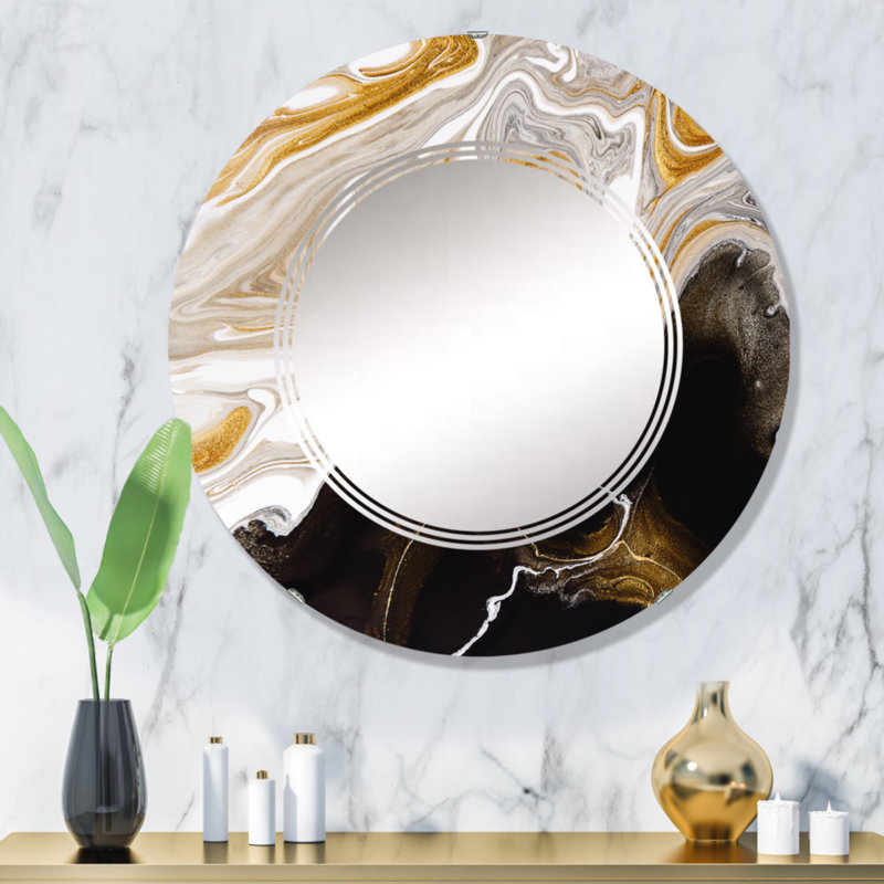 Miroir mural rond noir et blanc liquide Waves II, 32 po x 32 po