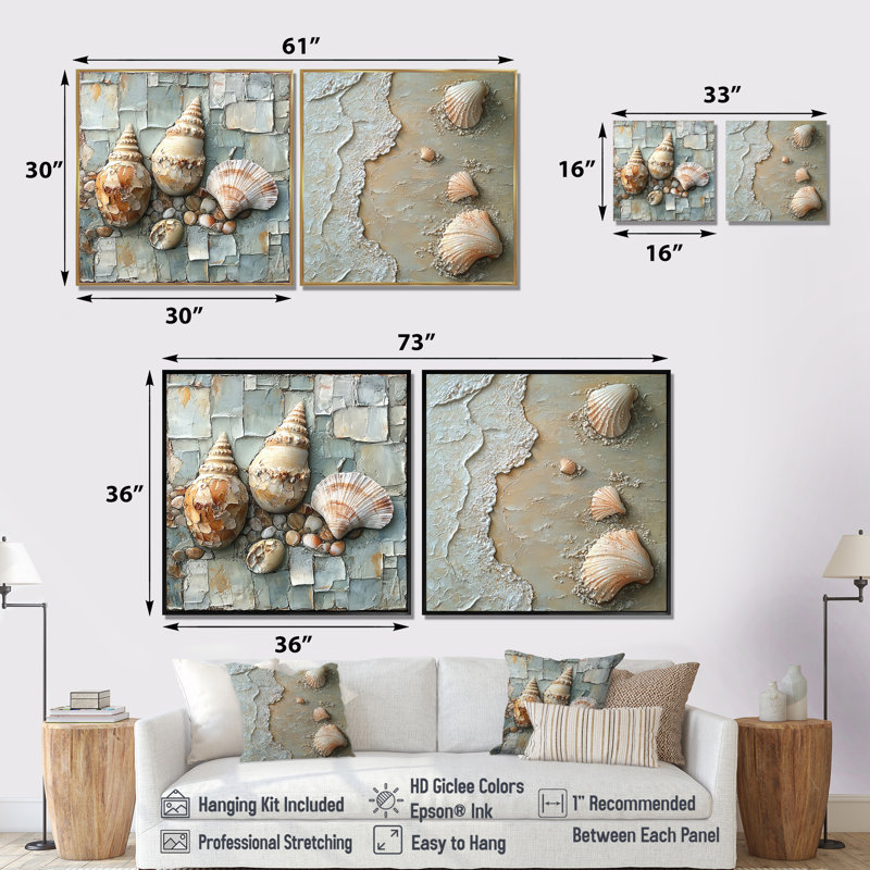 Minimalisme, coquillages et trésors I - art mural coquillages - décoration murale traditionnelle 2 pièces, 16" H x 33" W
