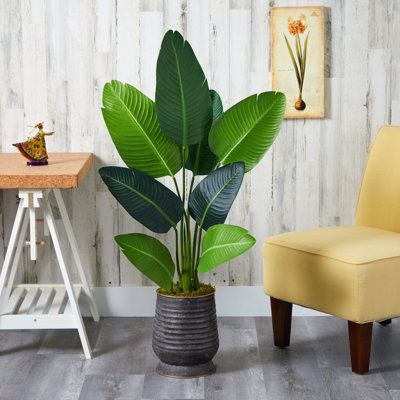 Travelers Palm Artificial Tree in Ribbed Metal Planter
