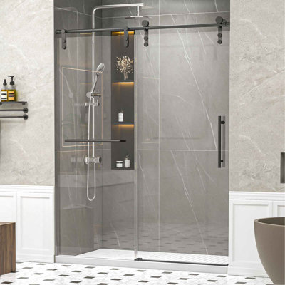 Portes de douche coulissantes simples sans cadre de 56 à 60 po x H 76 po sans fermeture en douceur, porte de douche coulissante avec porte-serviettes et poignée auxiliaire, porte en verre trempé de 5/16 po (8 mm) d'épaisseur