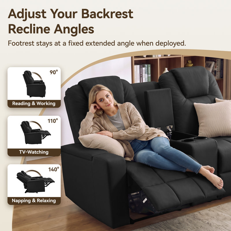 Fauteuil inclinable manuel avec porte-gobelets, port USB, causeuse inclinable avec console, tiroir et accoudoirs, Noir