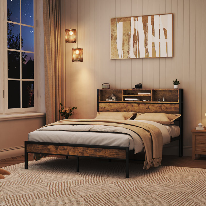 17 Stories Bed Frame with Storage Headboard and Charging Station ...