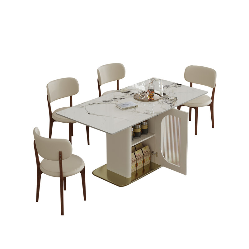 Ensemble de table de salle à manger moderne 63 pièces 5 pièces avec armoires de rangement, plateau de table en pierre carbonisée et base en bois massif doré