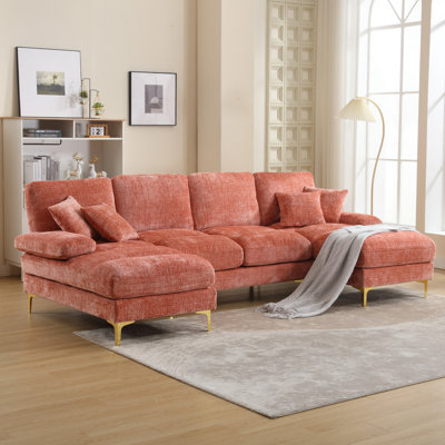 Convertible Sectional Sofa Couch, 114"" Modern Chenille 4 Seater U Shaped Couch, Upholstered Modular Sofa Sleeper With Double Lounge Chaise For Living -  Mercer41, 741C8E3D97F540F7894AD3C7D533A706