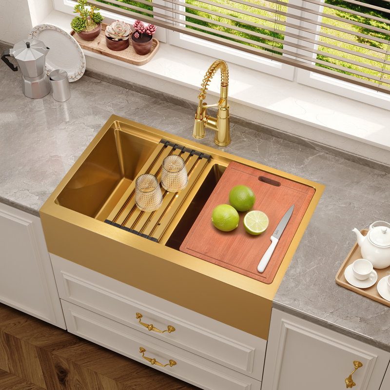 Évier de cuisine à double cuve en acier inoxydable encastrable L 36 po x l 22 po avec accessoires à double cuve 50/50, Doré